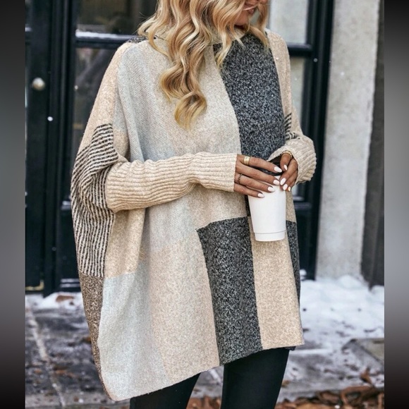 Cozy Color Block Turtleneck Batwing Sleeve Sweater Top - Picture 7 of 7